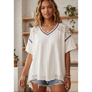 Free People Keepsake Tunic XS NWT Ivory Lace Boho Oversized V-Neck Tee